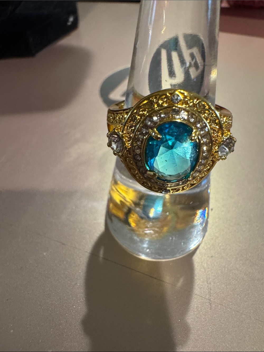 Gold-Tone Ring with Teal Blue Gemstone